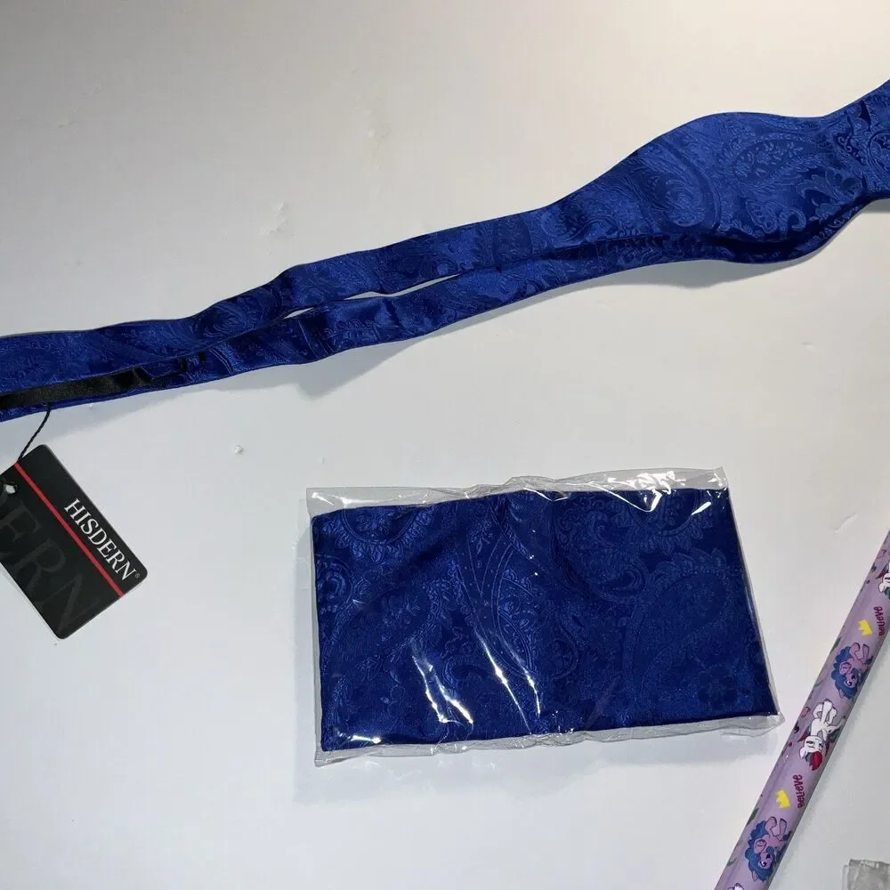 Hisdern Men Royal Blue BUTTERFLY Bow tie &Pocket Square Handkerchief Set New